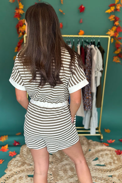 Olive and Cream Striped SS Romper