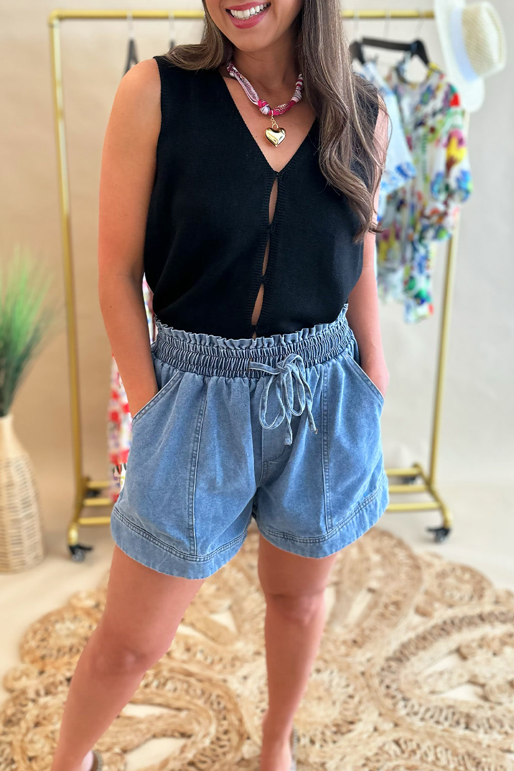 Denim Tie Elastic Waist Shorts