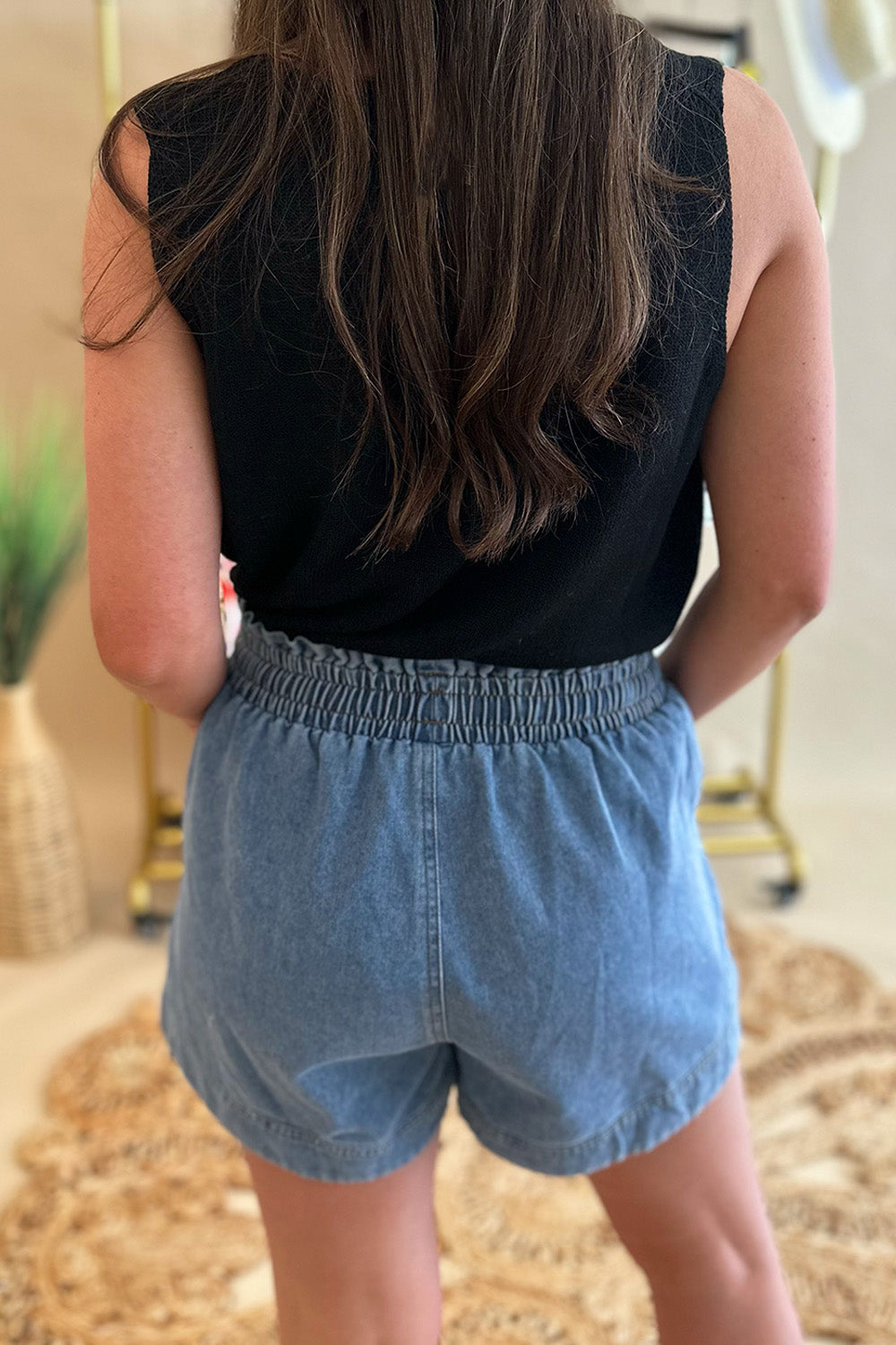 Denim Tie Elastic Waist Shorts