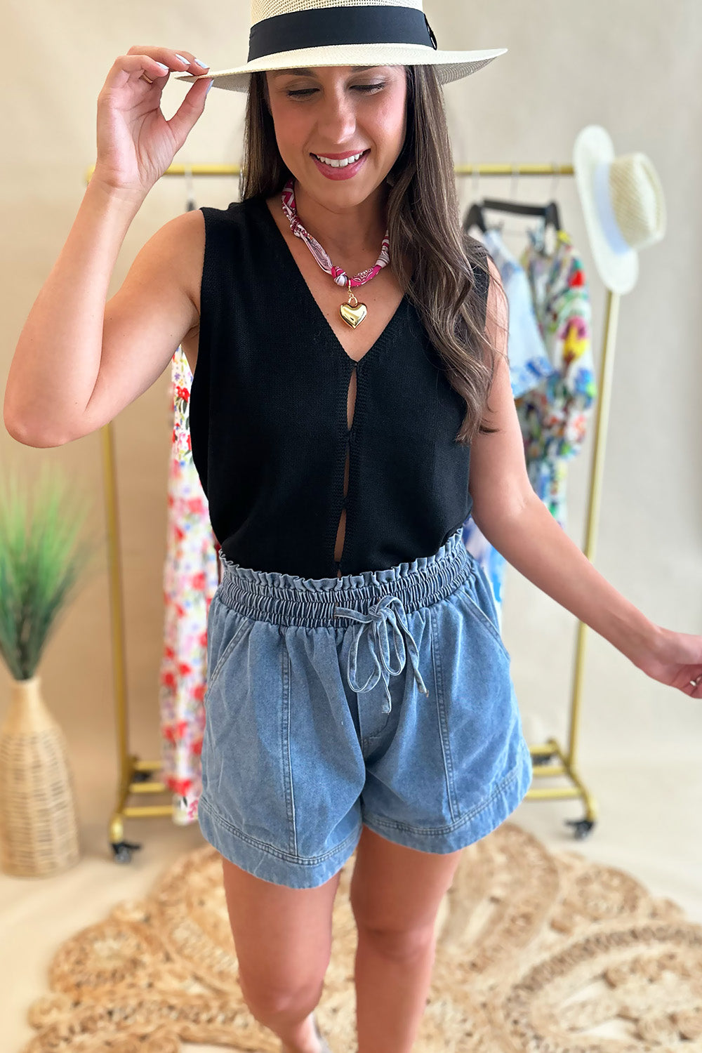 Denim Tie Elastic Waist Shorts