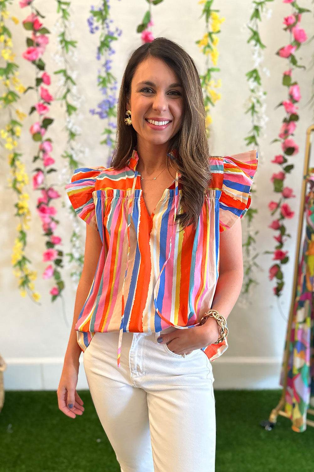 Orange Multi Stripe Flutter Sleeve Top