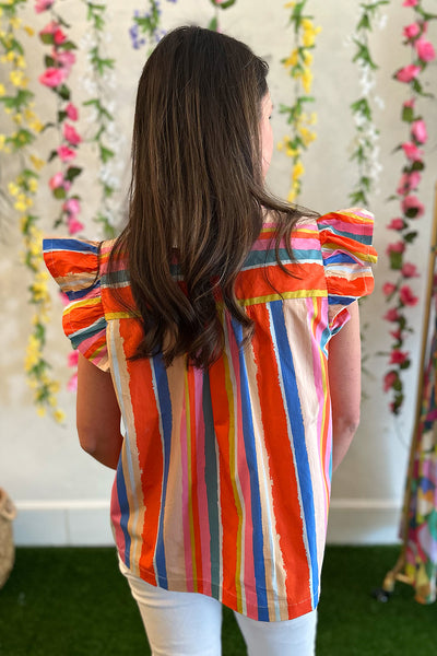 Orange Multi Stripe Flutter Sleeve Top