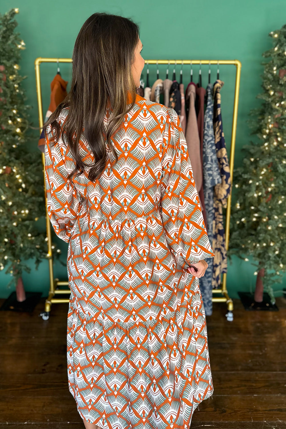 Orange Printed Collared Midi Dress