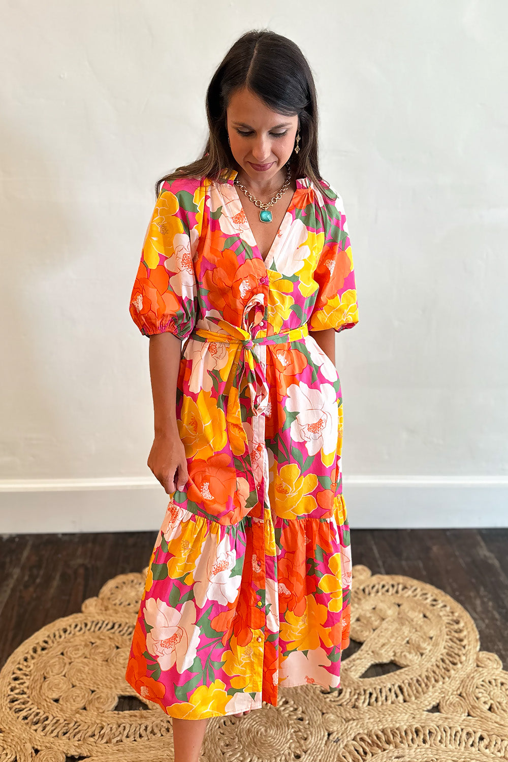 Pink Orange Yellow Button SS Midi Dress