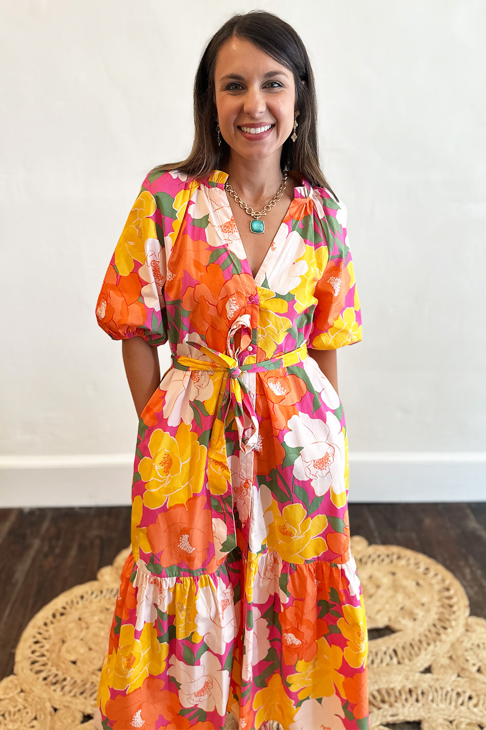 Pink Orange Yellow Button SS Midi Dress