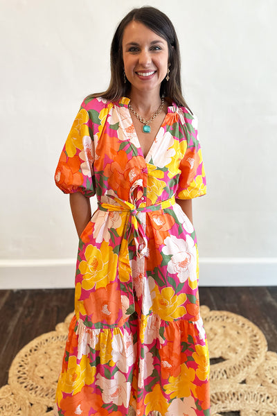 Pink Orange Yellow Button SS Midi Dress