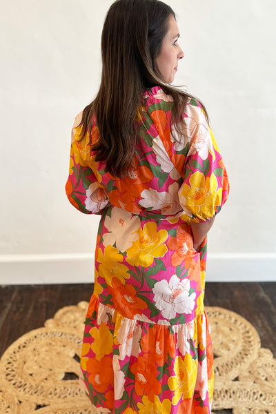 Pink Orange Yellow Button SS Midi Dress