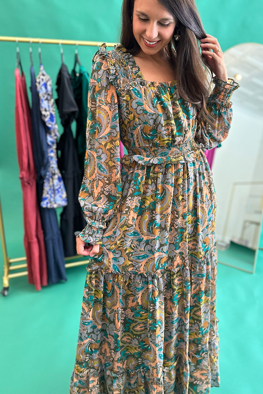 Green and Tan Paisley LS Maxi