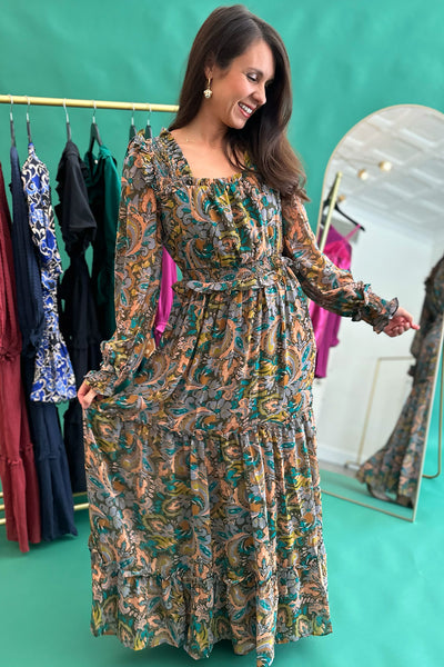 Green and Tan Paisley LS Maxi