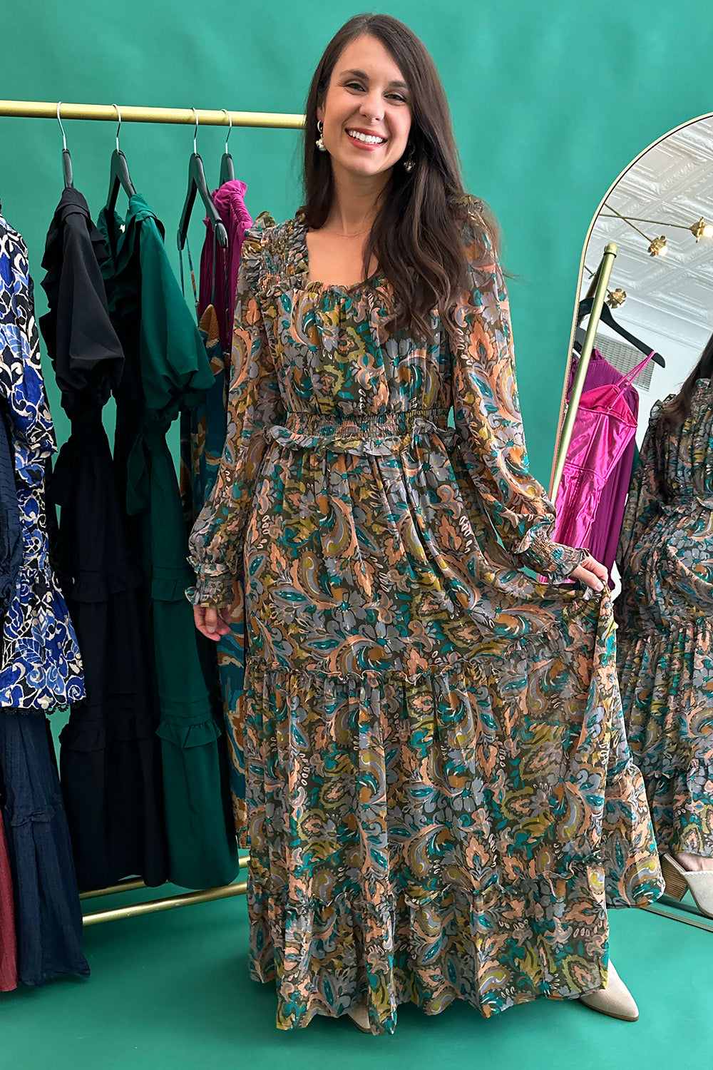 Green and Tan Paisley LS Maxi