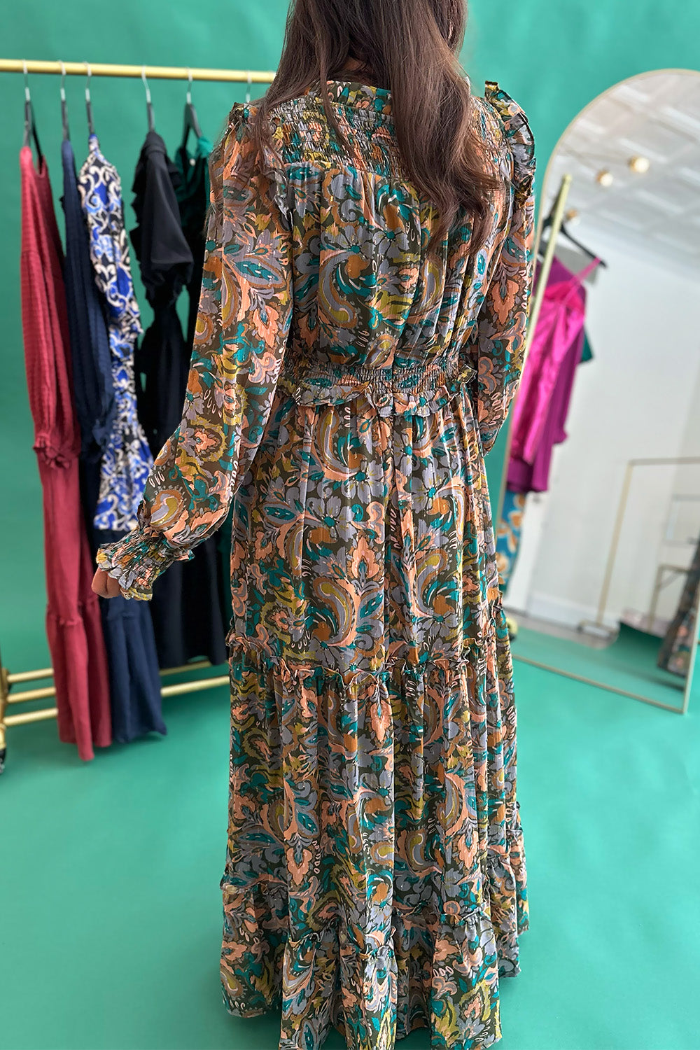 Green and Tan Paisley LS Maxi