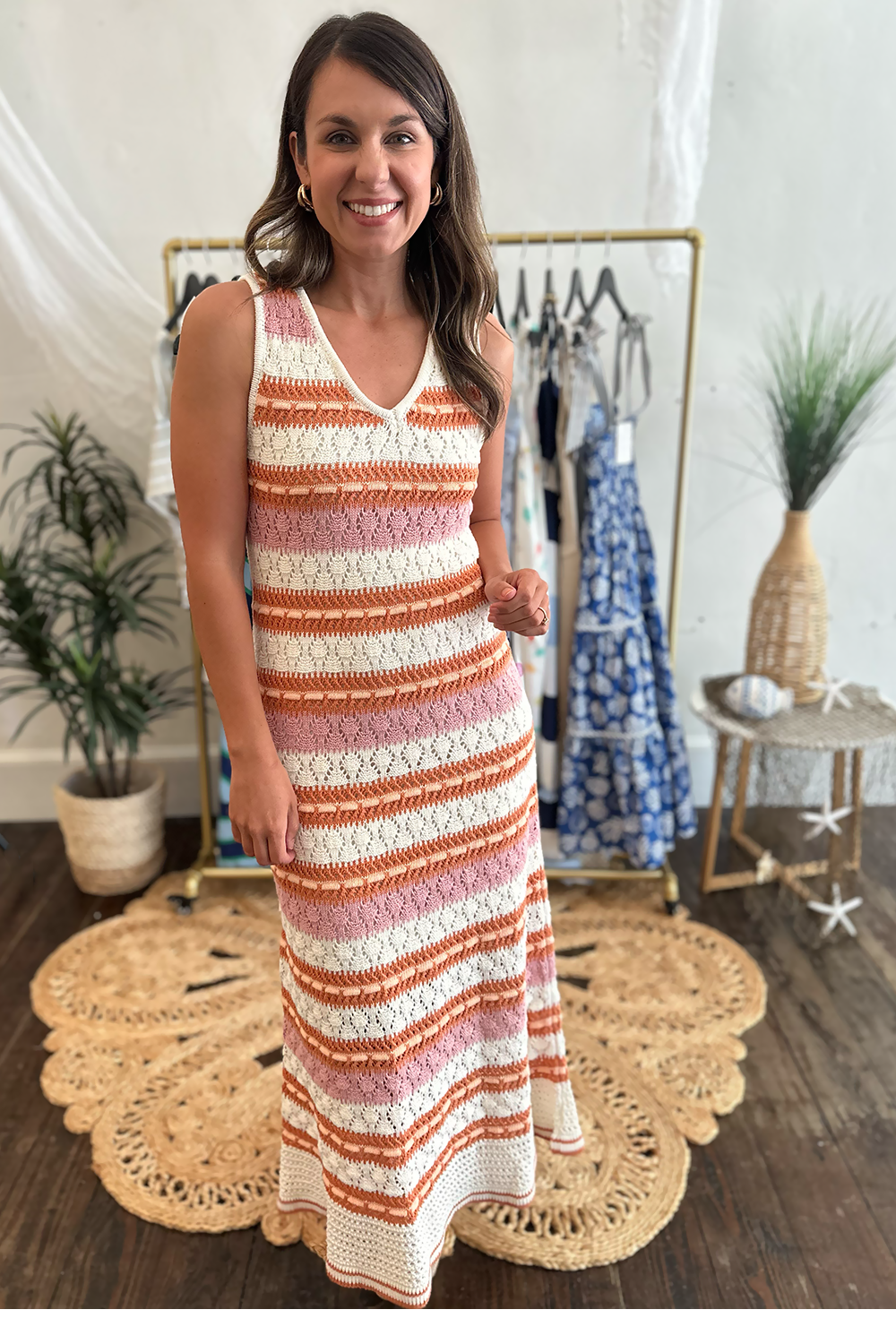 colorful crochet maxi dress Orange & Pink Crochet Midi Dress