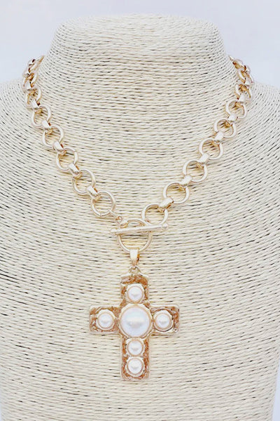Gold Pearl Cross Necklace