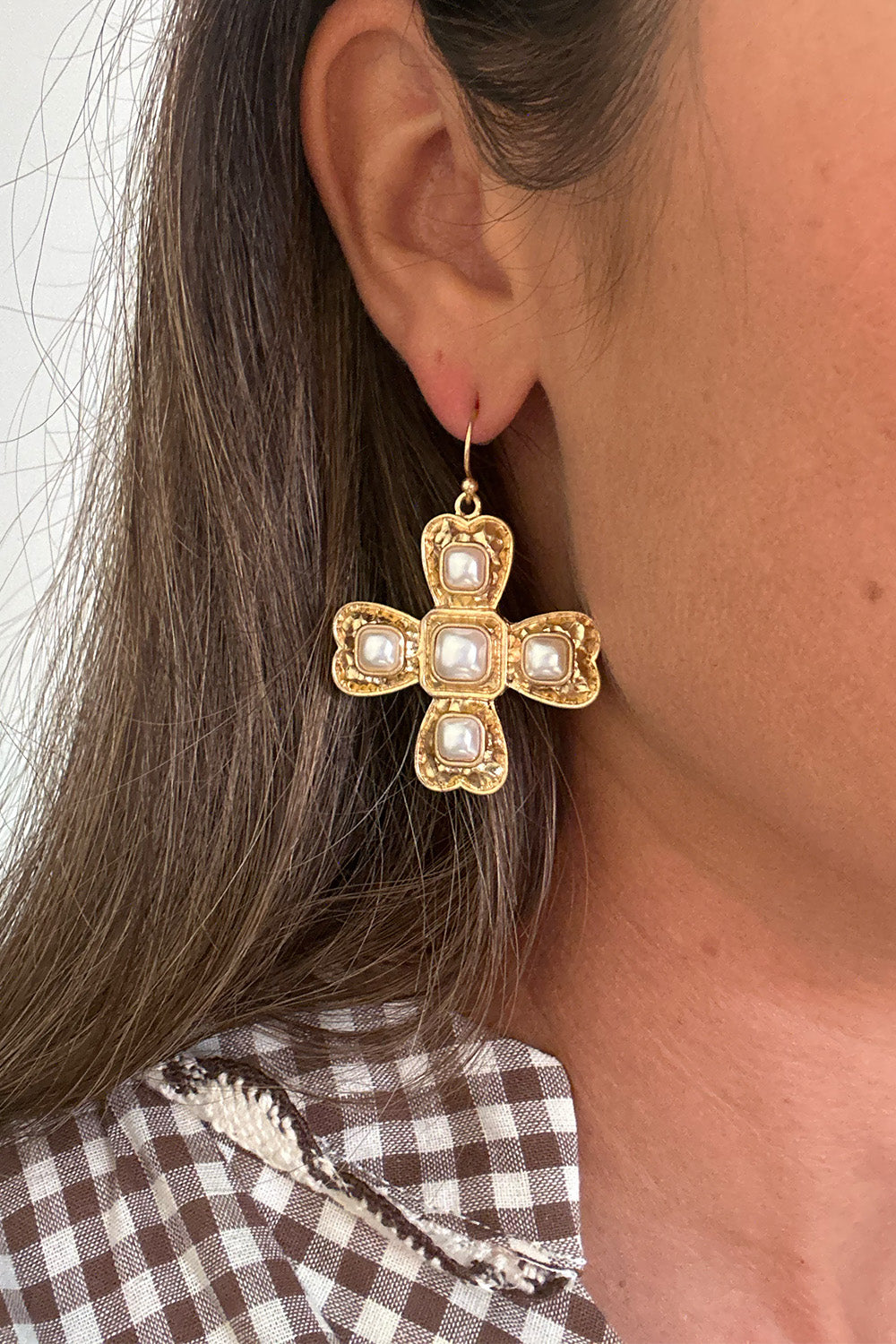 Gold and Pearl Cross Earrings
