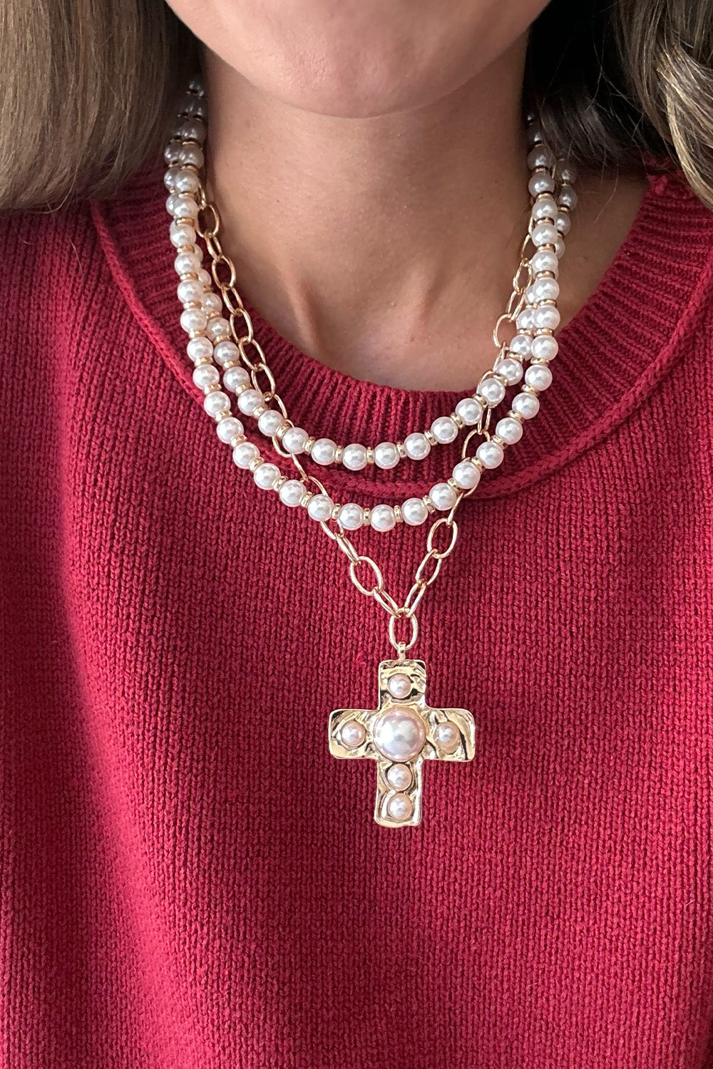 Layered Pearl and Gold Chain Cross Necklace