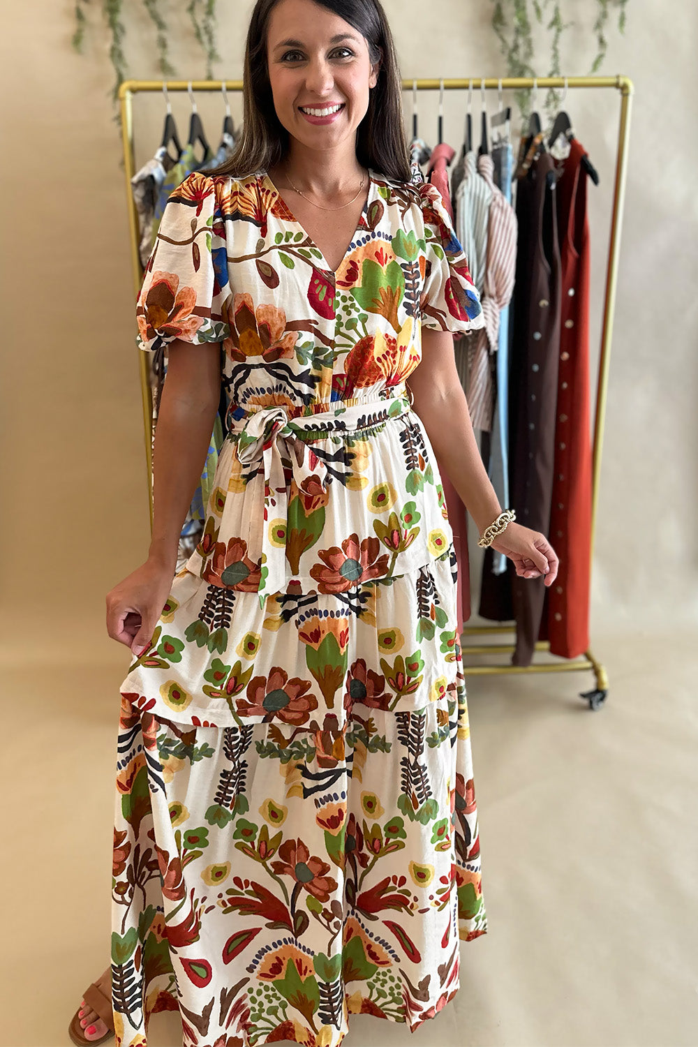 Rust and Green Printed SS Midi Dress
