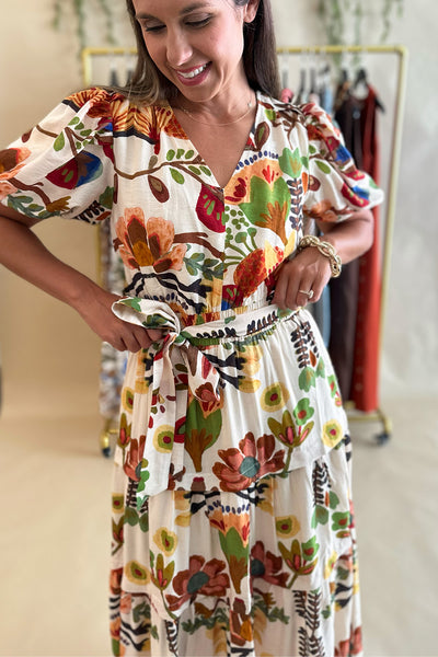 Rust and Green Printed SS Midi Dress