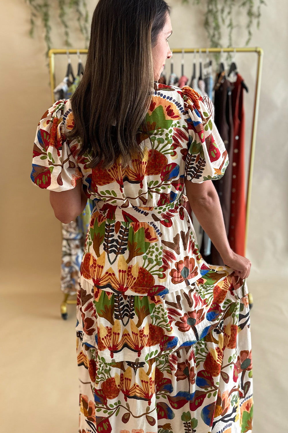 Rust and Green Printed SS Midi Dress