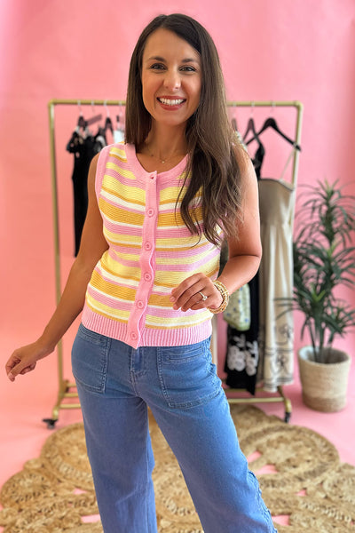 Pink Orange Yellow Button Knit Top