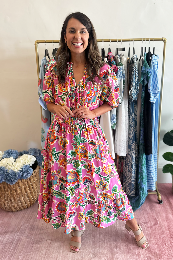 Pink Bright Floral Tie Front Midi Dress
