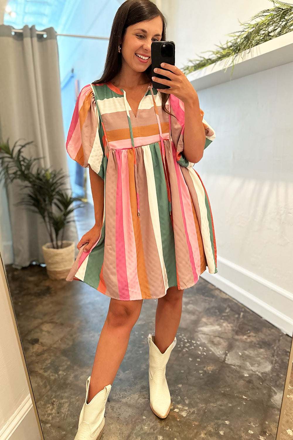 Pink Tan Green Stripe SS Dress