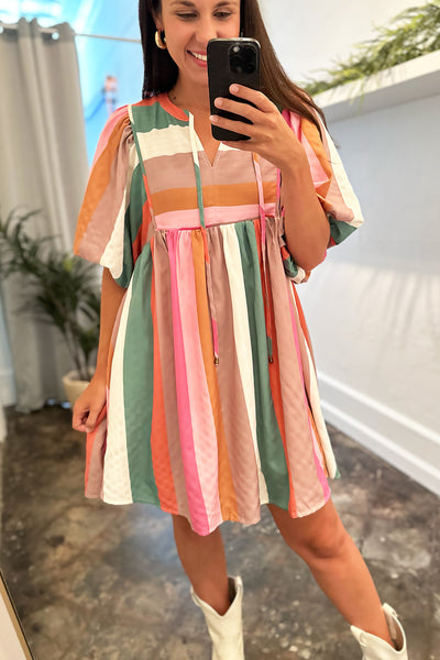 Pink Tan Green Stripe SS Dress