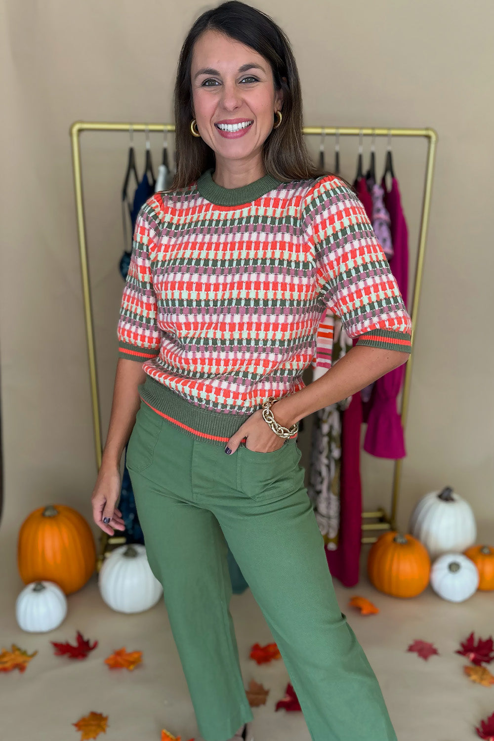 Peach Green Pink Short Sleeve Sweater