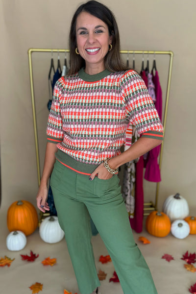 Peach Green Pink Short Sleeve Sweater