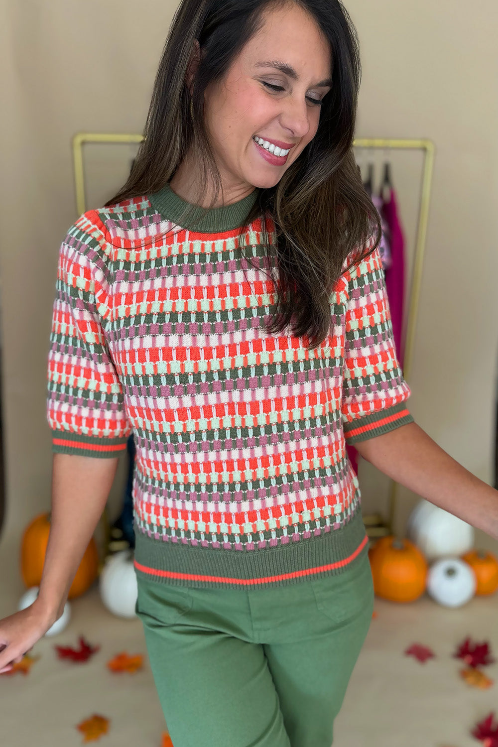 Peach Green Pink Short Sleeve Sweater