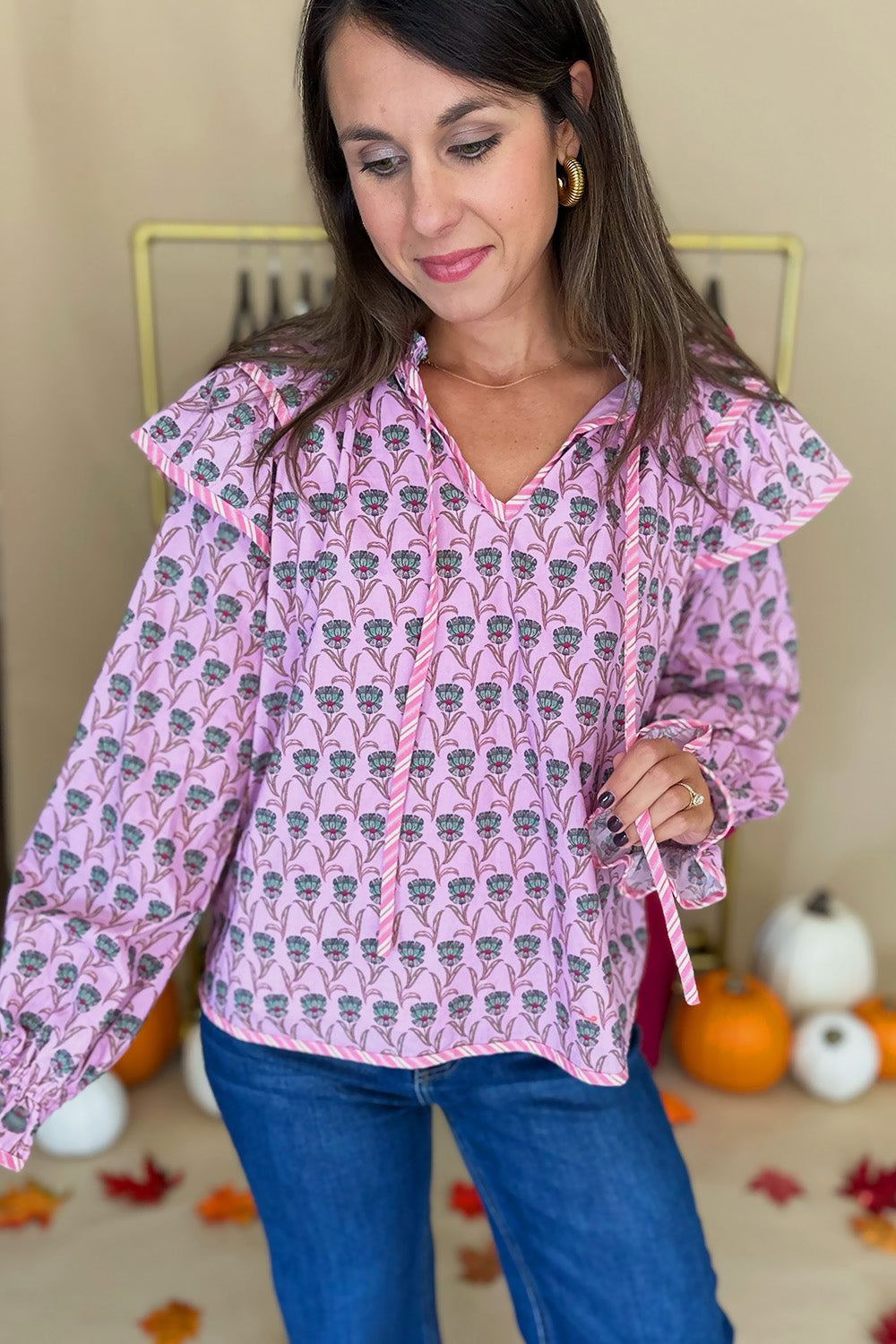 Pink and Green Ruffle Shoulder LS Blouse