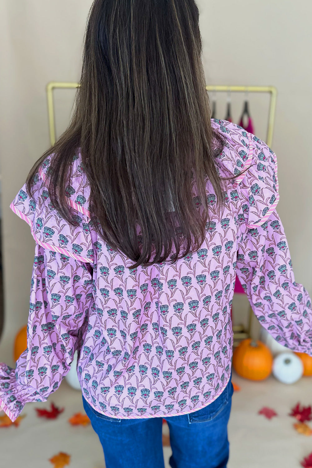 Pink and Green Ruffle Shoulder LS Blouse