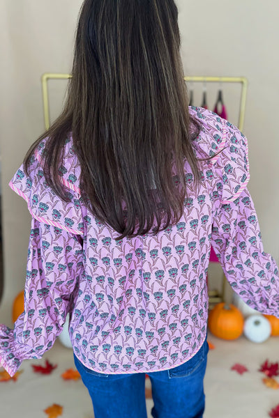 Pink and Green Ruffle Shoulder LS Blouse