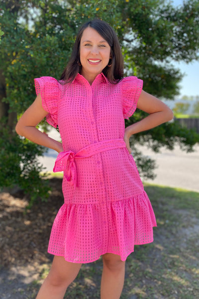 Pink Grid Check Button Up Dress