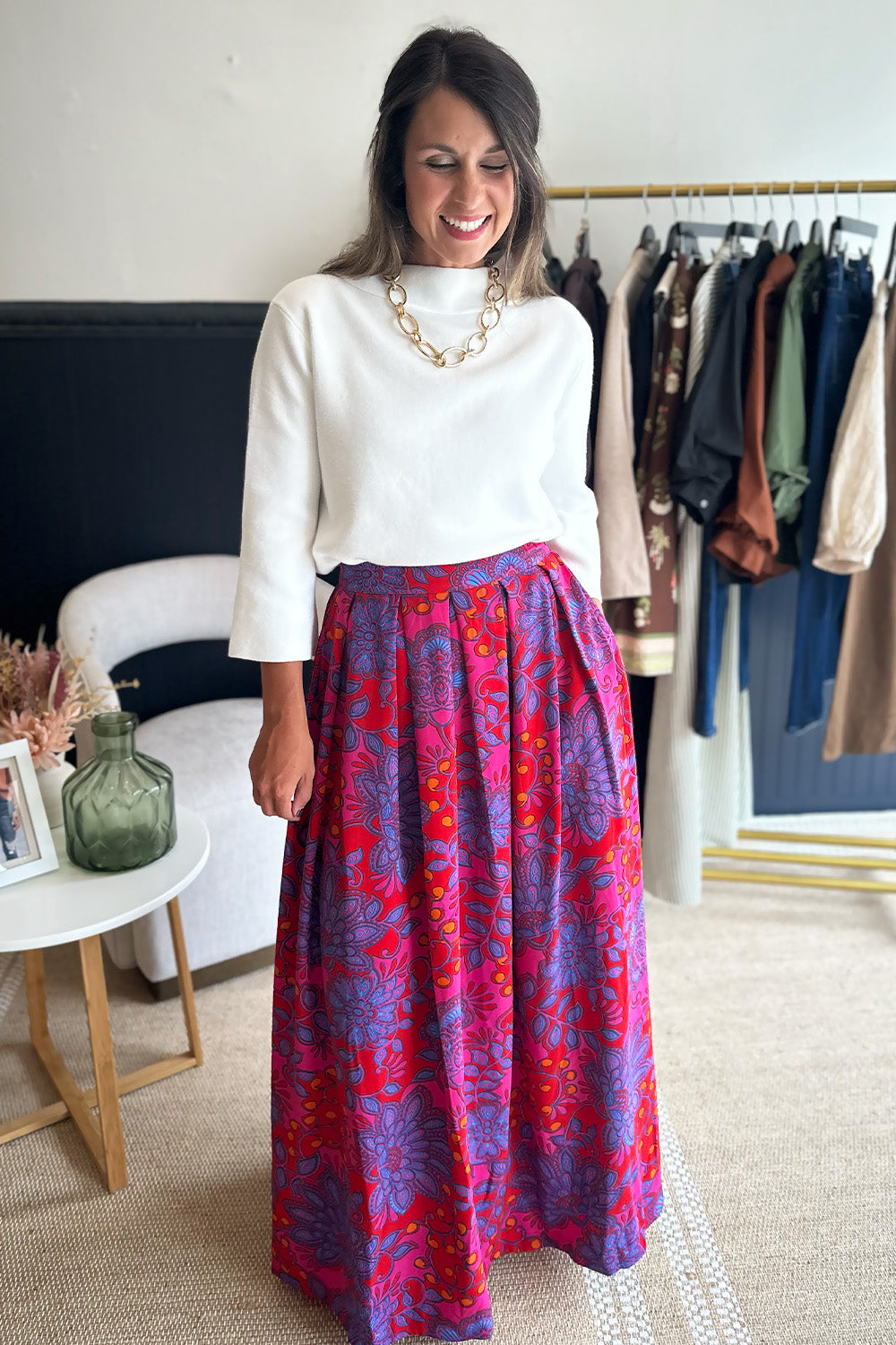 Dark Pink Printed Pleated Midi Skirt