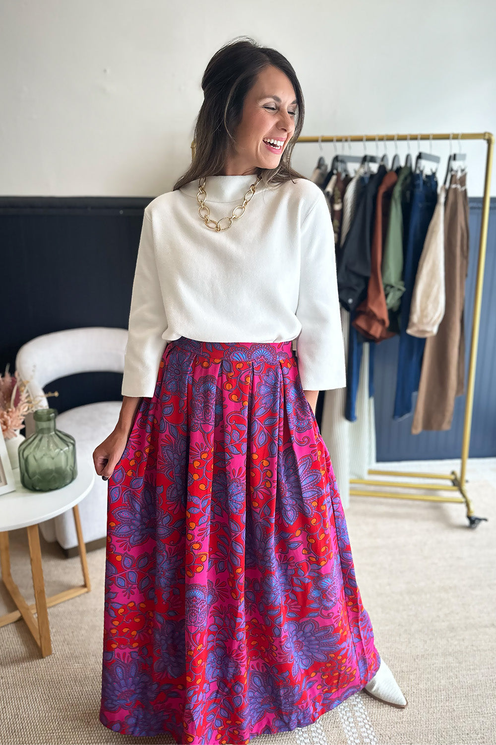 Dark Pink Printed Pleated Midi Skirt