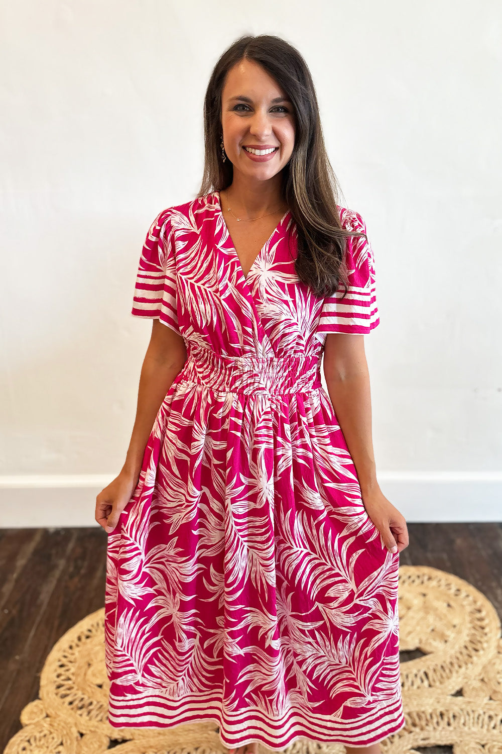 Pink Palm Leaf SS Midi Dress