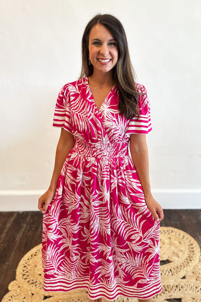 Pink Palm Leaf SS Midi Dress