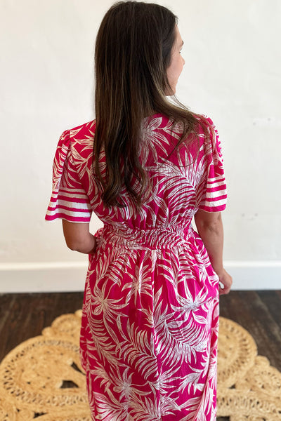 Pink Palm Leaf SS Midi Dress