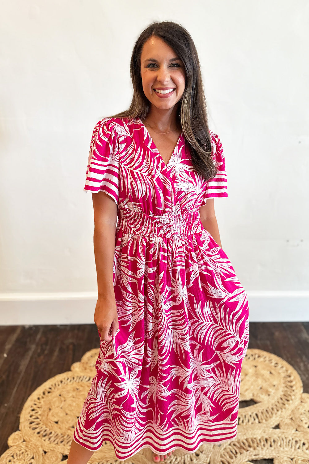 Pink Palm Leaf SS Midi Dress