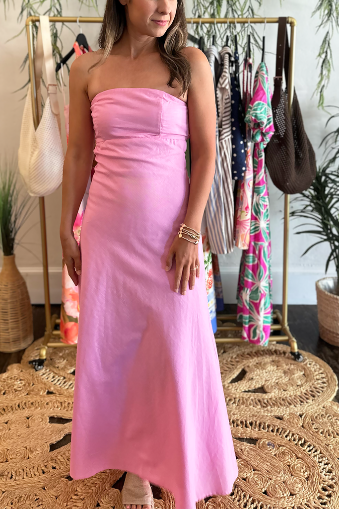 Pink Linen Strapless Open Back Midi Dress | Women's Summer Dresses
