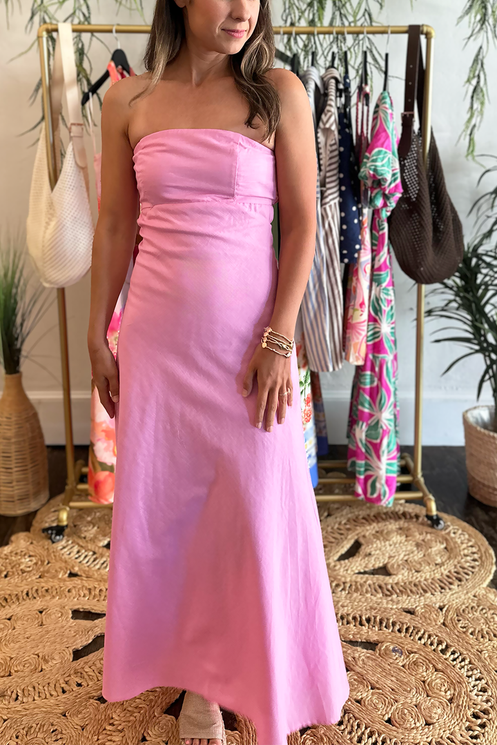 pink strapless midi dress Pink Linen Strapless Open Back Midi Dress | Women's Summer Dresses