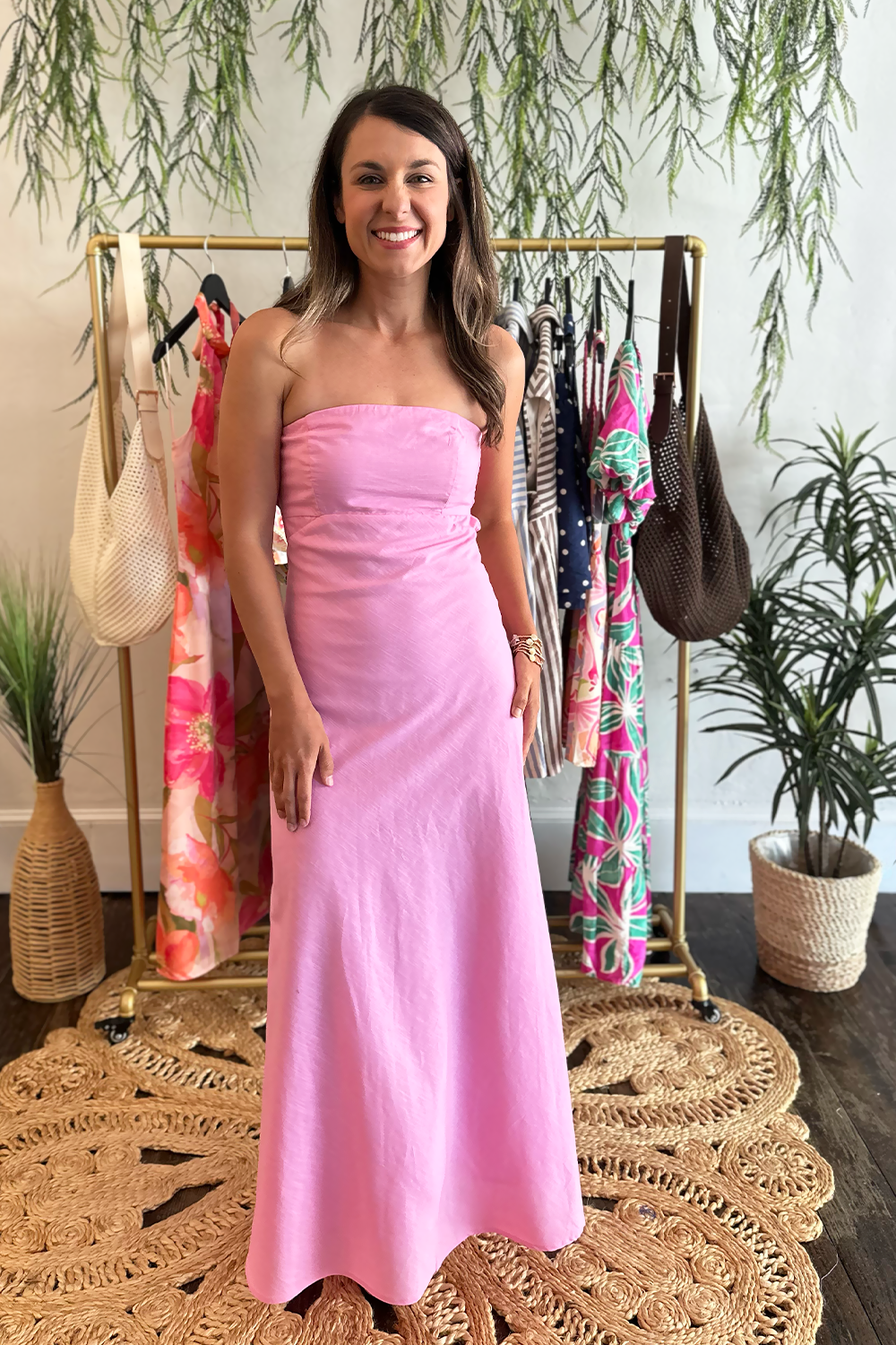 linen strapless dress Pink Linen Strapless Open Back Midi Dress | Women's Summer Dresses