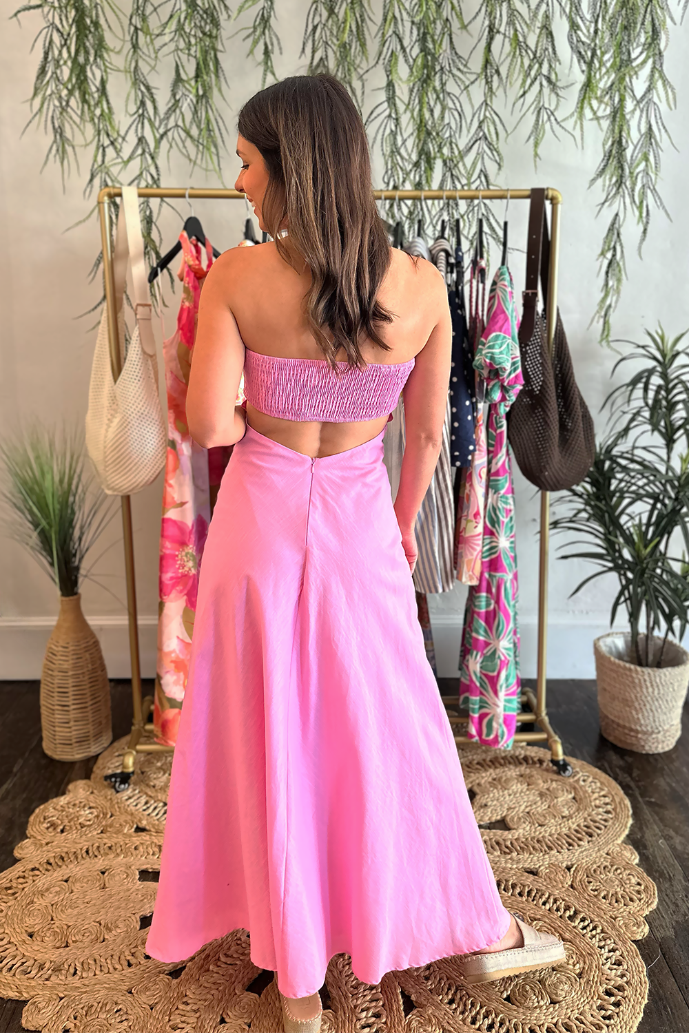 linen strapless dress Pink Linen Strapless Open Back Midi Dress | Women's Summer Dresses