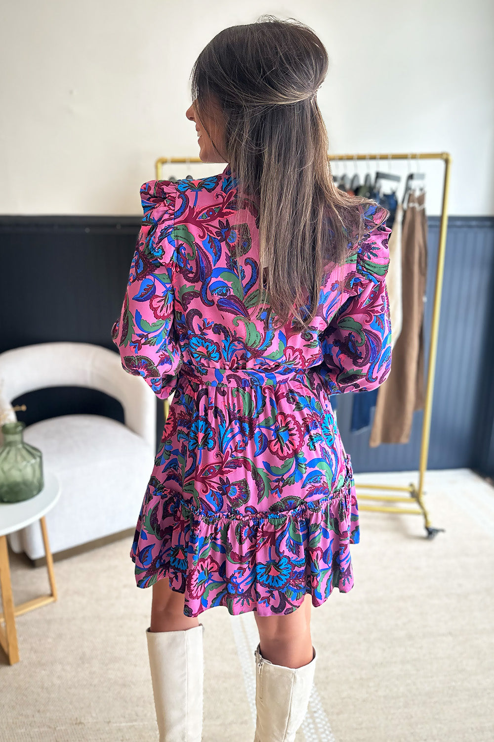 Pink Blue and Green LS Tie Waist Dress