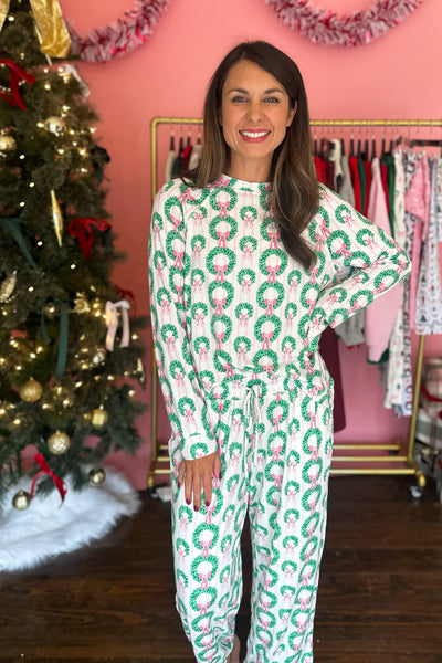 Wreaths Pink Bows LS and Pants Pajama Set
