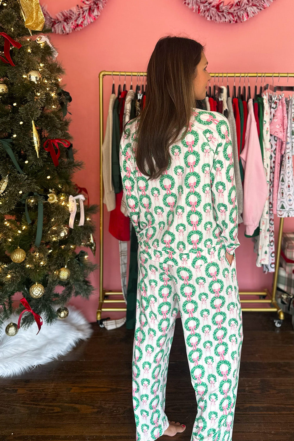 Wreaths Pink Bows LS and Pants Pajama Set