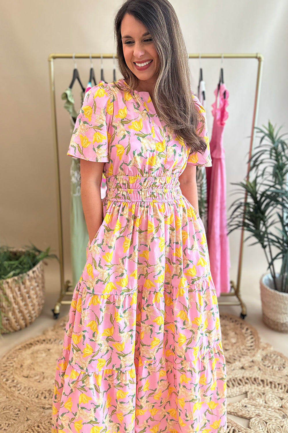 Pink and Yellow Floral Split Neck Dress