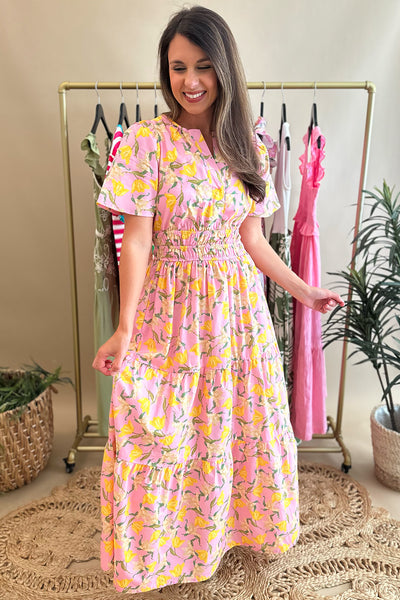 Pink and Yellow Floral Split Neck Dress