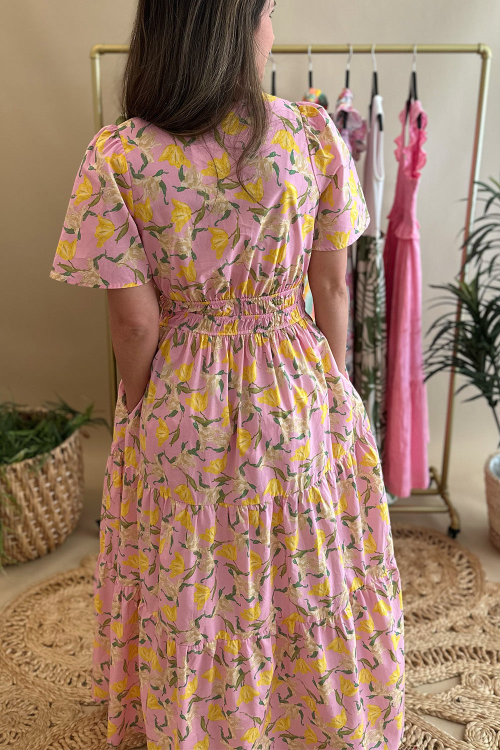 Pink and Yellow Floral Split Neck Dress