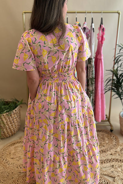 Pink and Yellow Floral Split Neck Dress